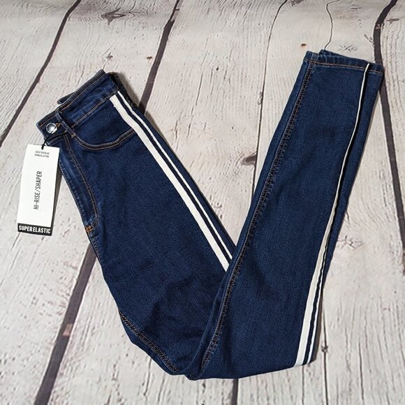 ZARA Blue White Stripe Hi-Rise Shaper Ankle Length Super Elastic Jeans 2 - Picture 4 of 4